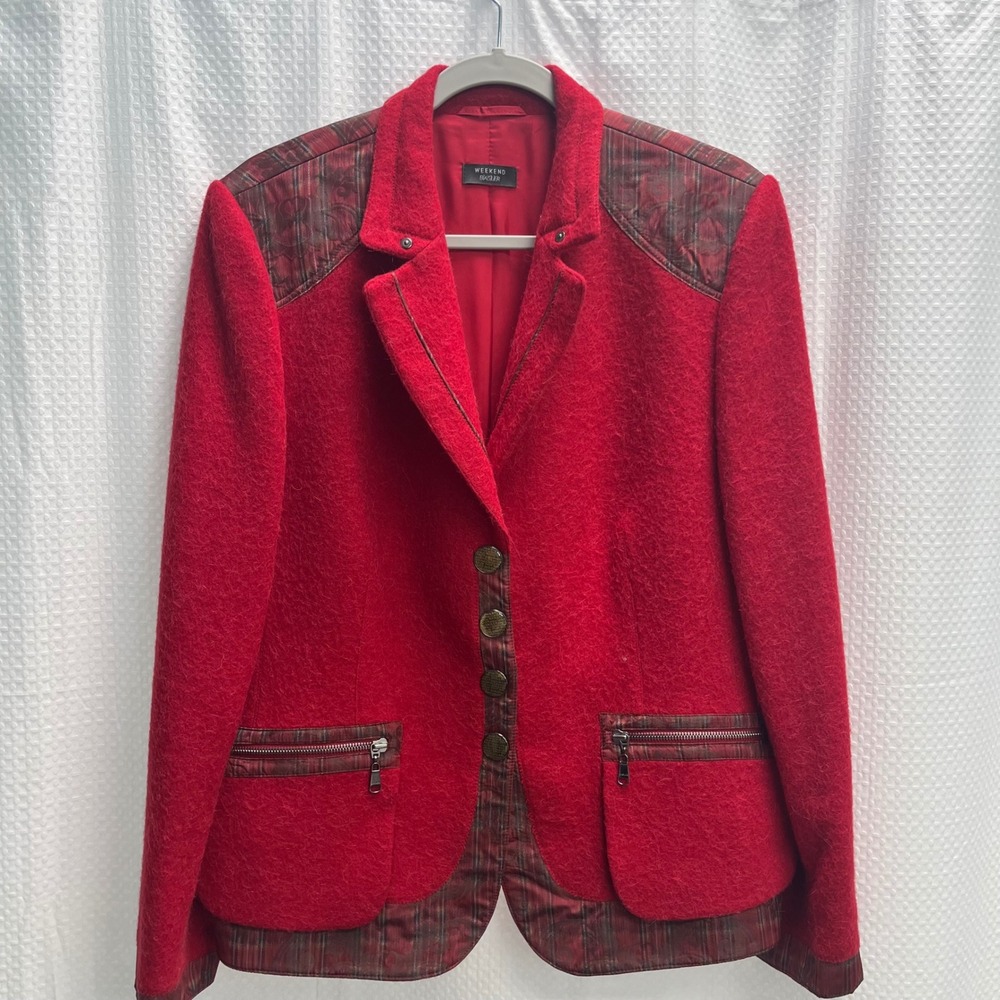 Weekend Basler Red Wool Alpaca Blend Blazer Jacket Plaid Trim Equestrian  44